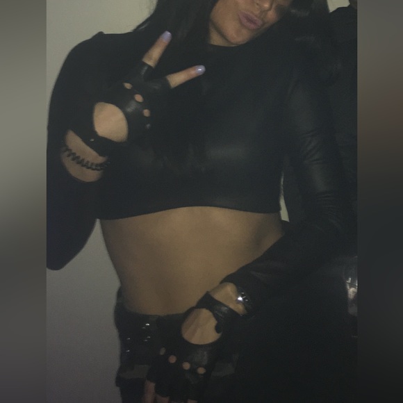 Black Leather Long Sleeve Crop Top - Picture 3 of 3